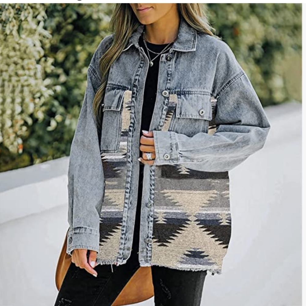 Aztec Design Distressed Denim Jacket - Picture 3 of 14